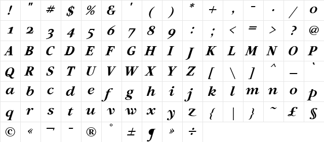 Artemius SN TT Bold Italic  glyph index