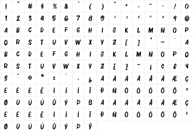 Bruzh Regular  glyph index