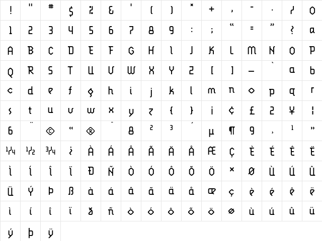 LunatixLight Regular  glyph index
