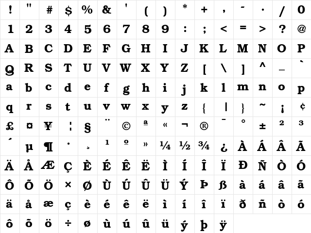 ITC Bookman Demi  glyph index
