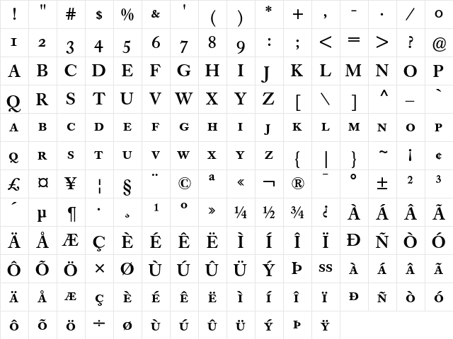 Caslon Book BE Medium Small Caps & Oldstyle Figures  glyph index