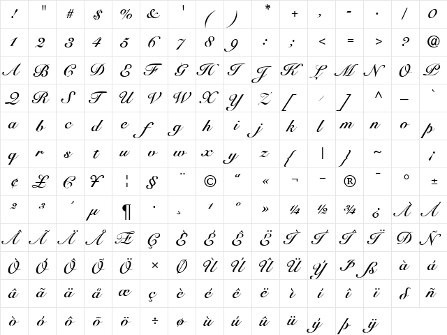 R791-Script Bold  glyph index