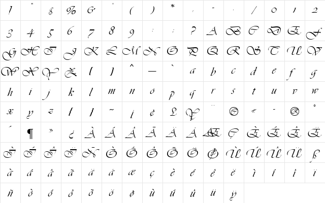 Vivaldi MN Regular  glyph index