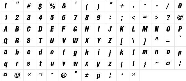 AGLettericaDemiCondensedC Italic  glyph index