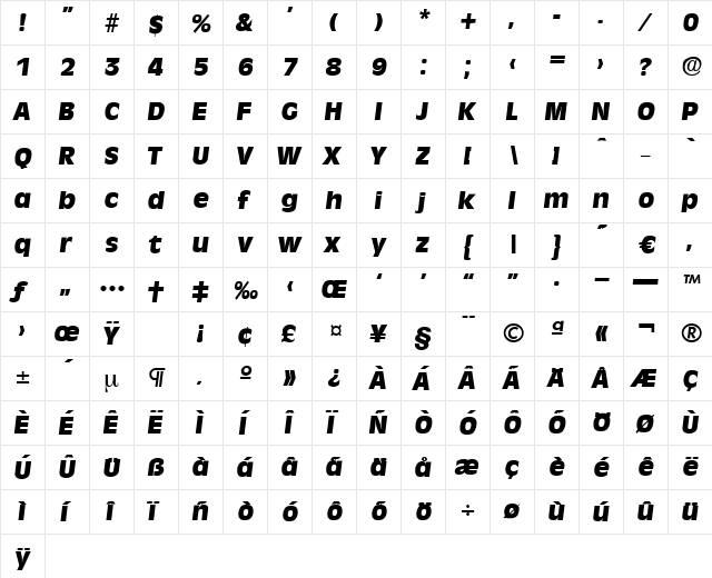 Ravenna-ExtraBoldIta Regular  glyph index