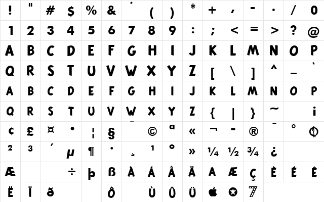 Tintin Majuscules Bold  glyph index