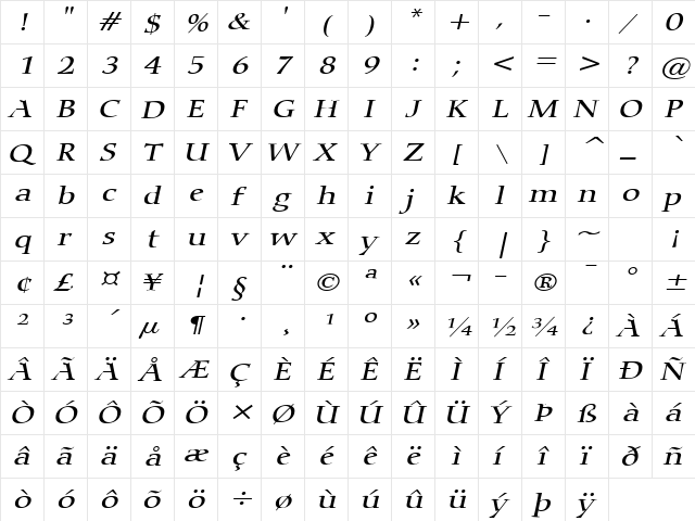 Carmine Wide Italic  glyph index