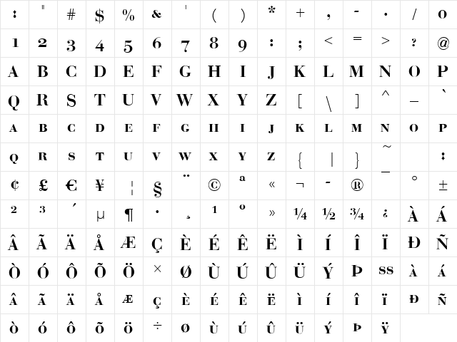 Bodoni-Display-Caps Demi  glyph index