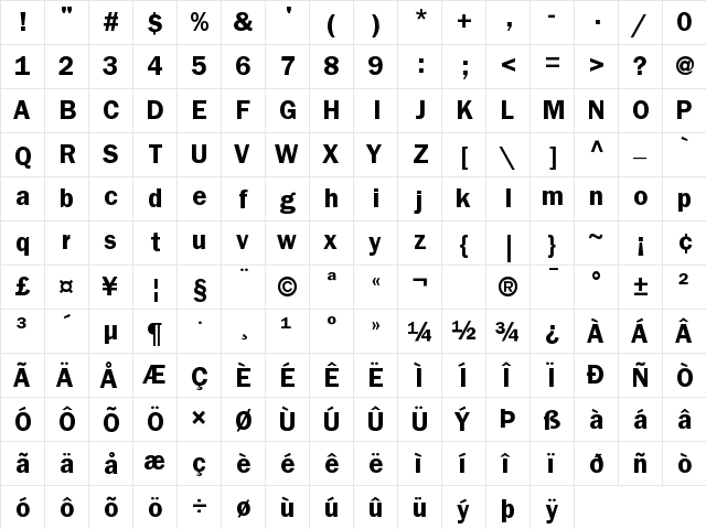 UnGraphic Bold  glyph index