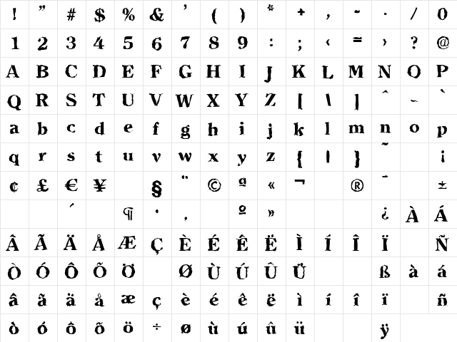 ChristianBeckerRandom-ExtraBol d-Regular  glyph index