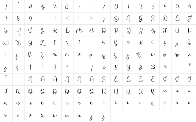 Babyla Free Regular  glyph index