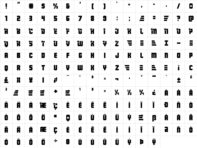 Army Rangers Regular  glyph index