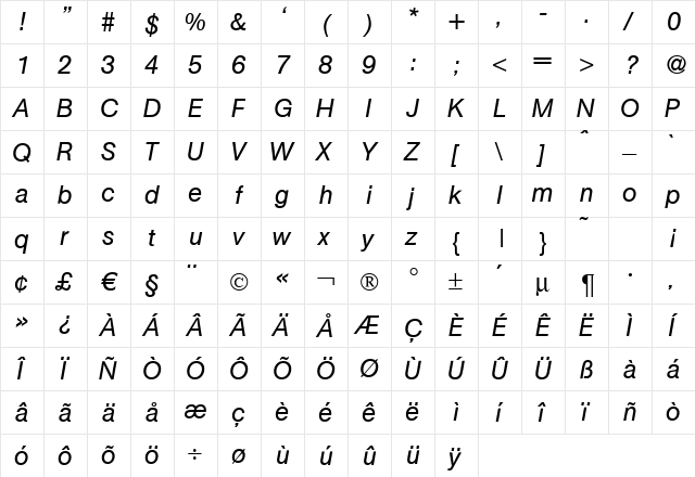 Atkins Italic  glyph index