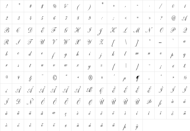 Shelley-AndanteScript Cn Regular  glyph index