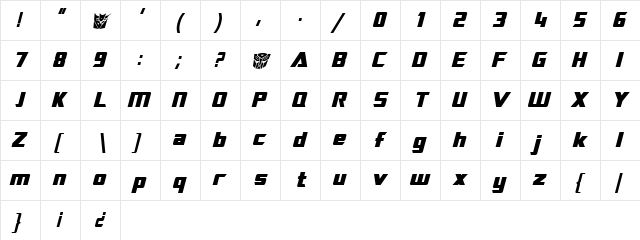 TransRobotics Bold Italic  glyph index