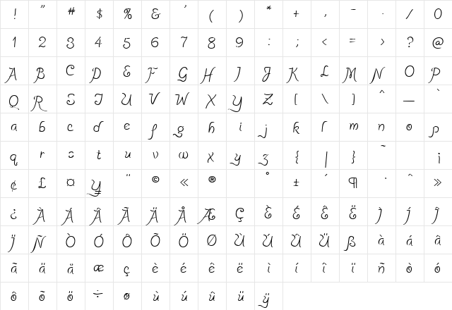 PensleCaligraf Plain  glyph index