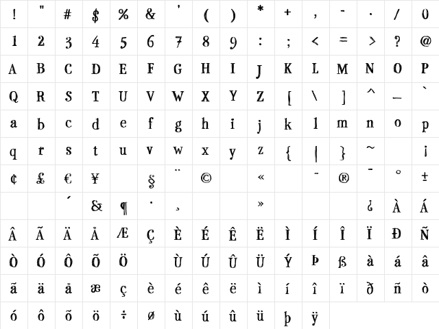 P22 Stanyan Bold Regular  glyph index