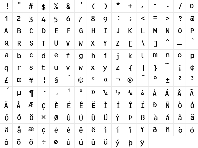OCRF RegularOSF  glyph index
