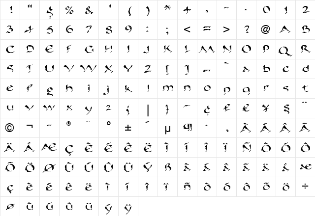Pine LT Regular  glyph index