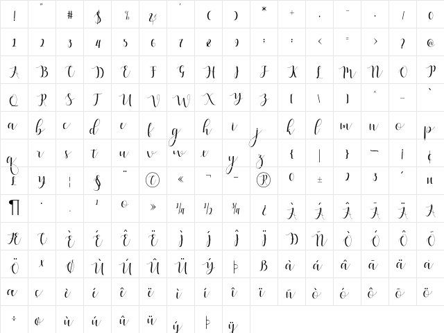 Qatielia Script Regular  glyph index