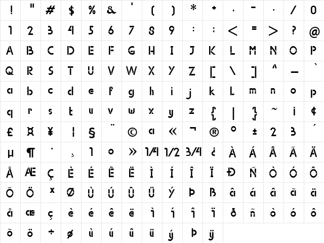 Avrojaks Regular  glyph index