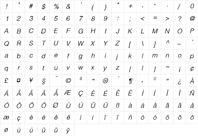 Helvetica-Light-Light-Italic Regular  glyph index