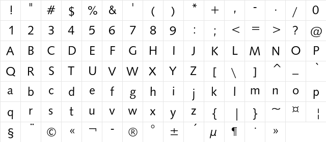 Humanist531C BT Regular  glyph index