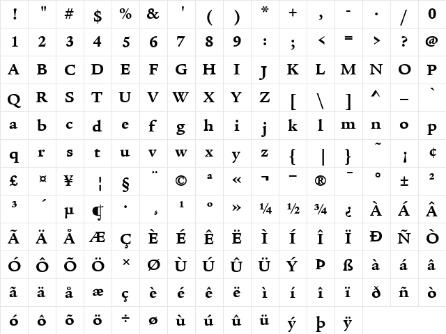 ITCLegacySerif Bold  glyph index