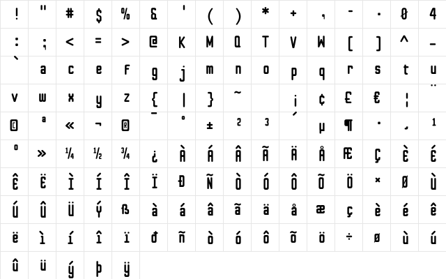 SquareShooter Mono Regular  glyph index