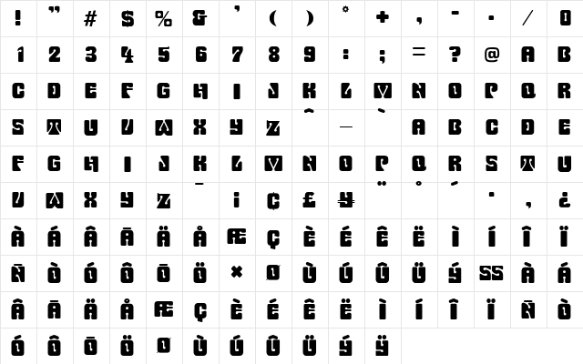 Pinocchio Regular  glyph index