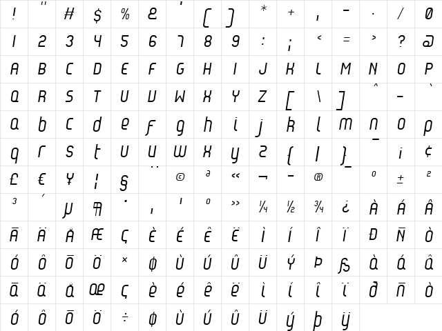 Reflex Italic  glyph index