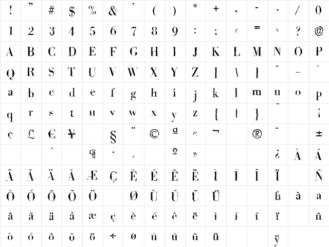 BodoniAntique Regular  glyph index