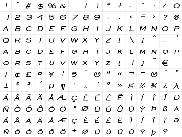 EyeglassWide BoldItalic  glyph index