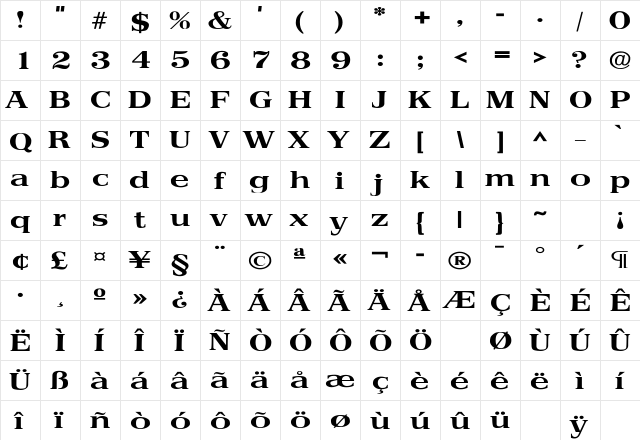 Primus Wide SF Bold  glyph index