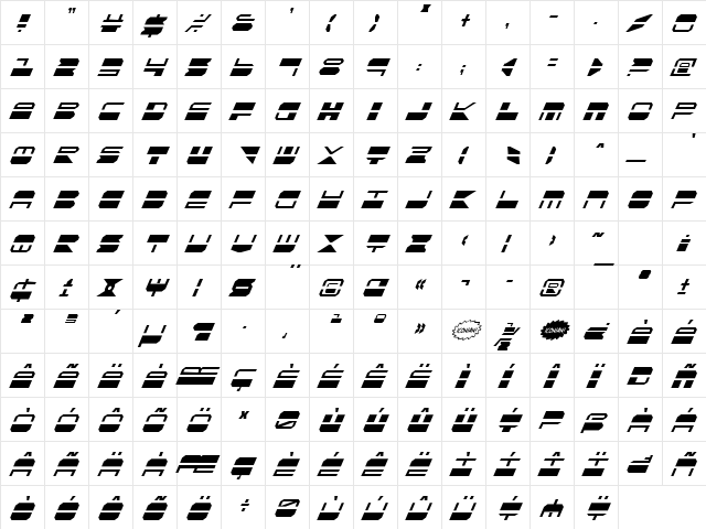 Quickmark Condensed Italic Condensed Italic  glyph index