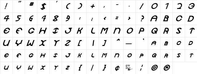 JaySetch BoldItalic  glyph index