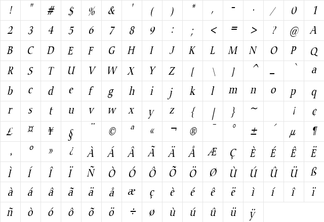 Carmine Condensed Italic  glyph index