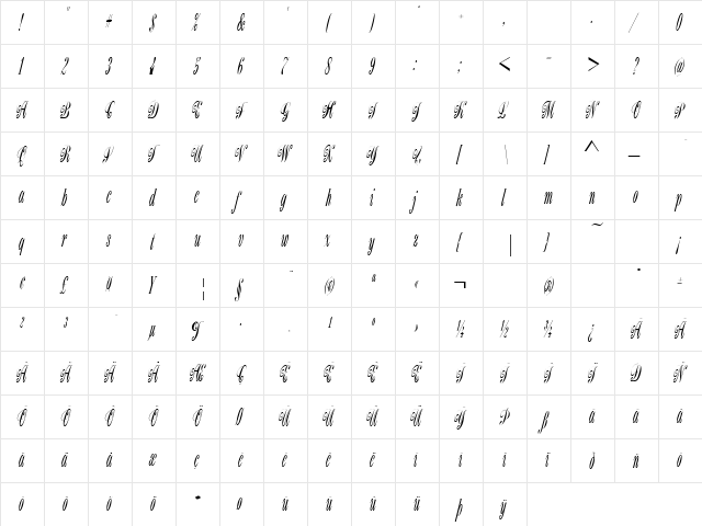 Bordeaux ICG Script  glyph index