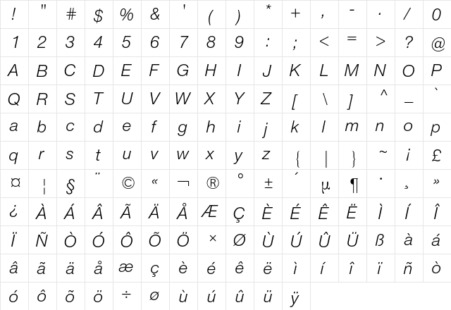 Neue Helvetica BQ Regular  glyph index