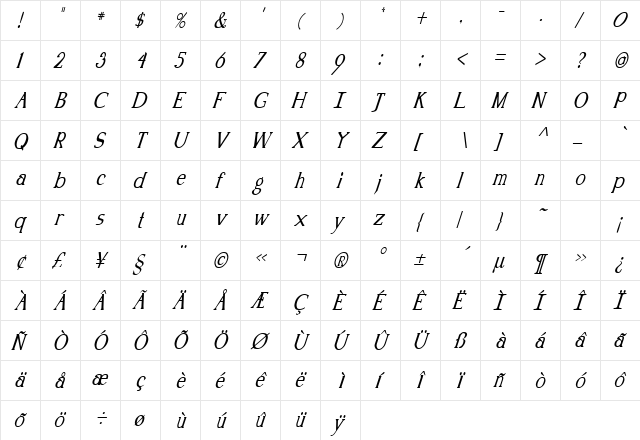Kennon Italic  glyph index
