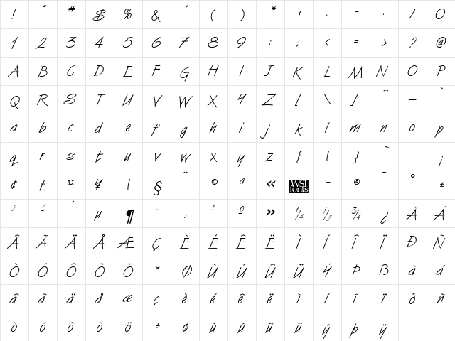 SassyScript Regular  glyph index