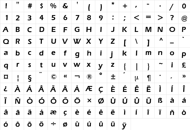 Eras BQ Regular  glyph index