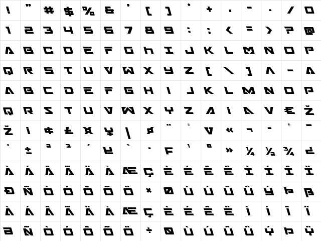 Trans-America Leftalic Italic  glyph index