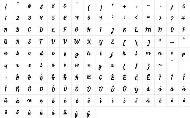 Rachael Script Regular  glyph index