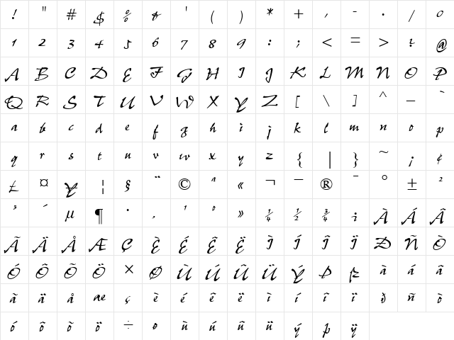 PepitaMT RomanItalic  glyph index