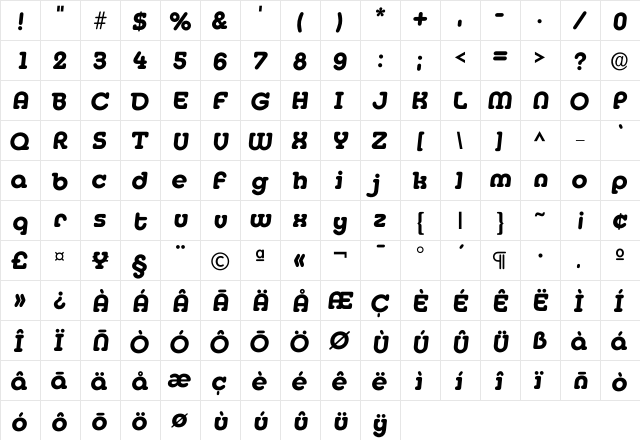 Imedia Bold  glyph index