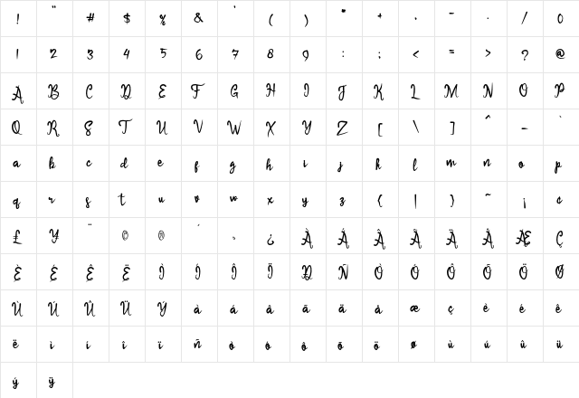 Sameri Brush Regular  glyph index