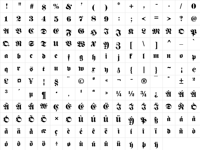 Fette classic UNZ Fraktur Regular  glyph index