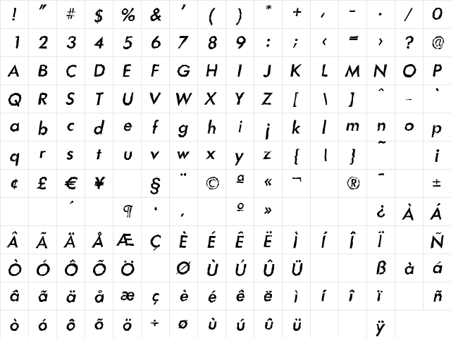 LimerickRandom-Medium Italic  glyph index