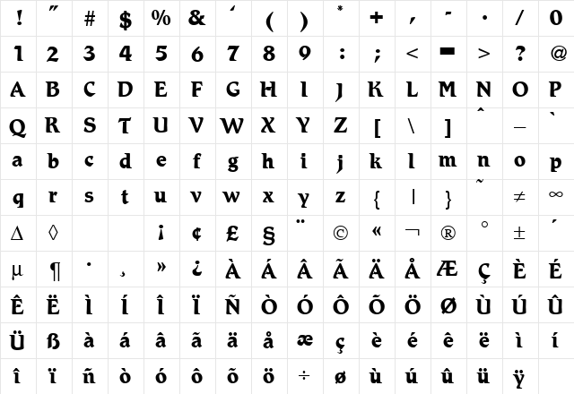 Romance DB Bold  glyph index